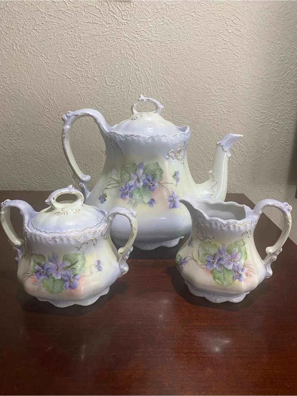 Vintage, Victorian Cottage core, Hand Painted Porcelain, 3 Piece Tea Serving Set